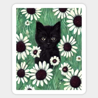 Black kitten in a field of daisies Sticker